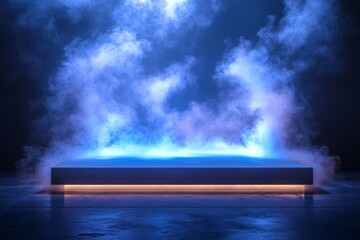 Aufkleber - Mysterious illuminated platform surrounded by fog in a dimly lit space