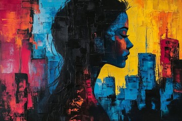 Aufkleber - Vibrant urban silhouette art showcases emotional depth against a colorful city backdrop at sunset