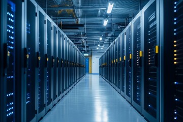 Poster - Data center corridor illuminated by LED lights with rows of server cabinets lined up on both sides