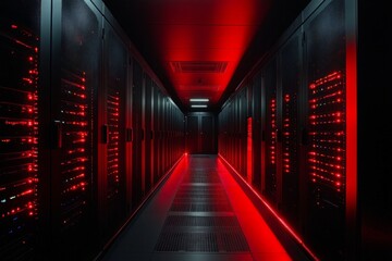 Aufkleber - Data center hallway illuminated by red lights with server racks on both sides at night