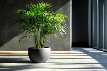 Aufkleber - Bright indoor space featuring a potted palm plant with sunlight casting shadows on the floor
