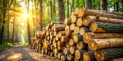 Aufkleber - Golden hour sunlight illuminates a neatly stacked pile of freshly cut logs in a verdant forest, a picturesque scene of natural resources