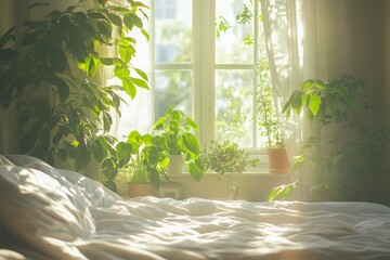 Poster - Cozy bedroom with lush plants and sunlight streaming through the window in a serene morning setting