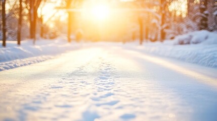 Aufkleber - A tranquil winter scene unfolds as a gentle sunrise casts golden light on snow-covered trees, illuminating a serene path through the frosty landscape