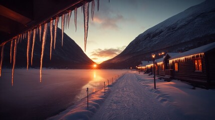 Aufkleber - Soft sunset light illuminates snow-covered cabins while icicles hang from the roofs, creating a peaceful winter atmosphere with long shadows stretching across the snow