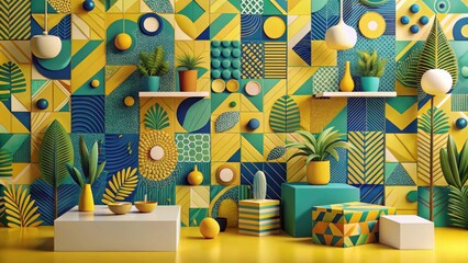 Fototapete - Vibrant Yellow and Teal Geometric Room Decor with Tropical Plants and Decorative Elements
