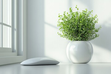 Leinwandbilder - Modern workspace featuring a stylish plant and a wireless mouse on a minimalist desk near a bright window
