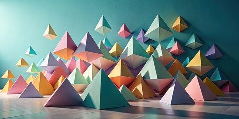 Fototapete - Abstract Pastel Geometric Shapes Installation on Teal Wall