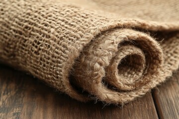 Aufkleber - Jute fabric rolled on wooden surface showcasing texture and natural color