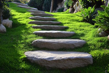 Poster - Beautiful stone pathway winding through lush green grass in a serene garden setting during daylight