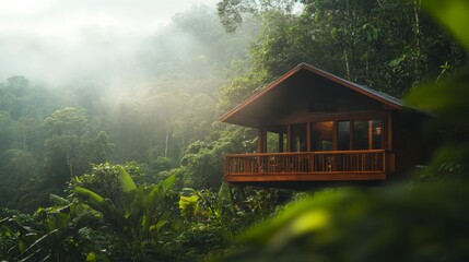 Aufkleber - A tiny wooden house nestled in a vibrant forest exudes tranquility, with gentle sunlight illuminating its minimalist design amidst rich greenery