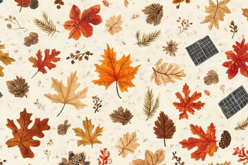 Poster - Colorful autumn leaves scattered on a light background creating a vibrant seasonal pattern