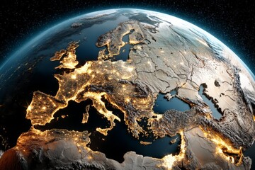 Aufkleber - View of illuminated Europe from space at night showcasing cities and natural features