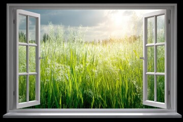 Poster - Sunlight streaming through an open window, showcasing lush green grass and a bright sky
