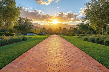 Aufkleber - Sunset illuminates a brick pathway through a serene park with mountains in the background