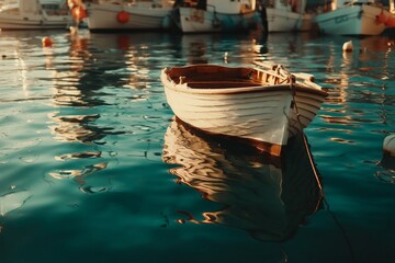 Aufkleber - Small wooden boat floating gently in clear blue water surrounded by fishing vessels during sunset in a tranquil harbor
