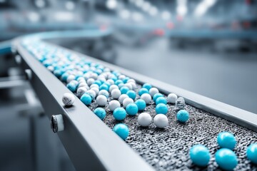 Poster - Colored balls moving along a conveyor belt in a modern manufacturing facility during daylight