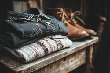Fototapete - Casual clothing and boots displayed in a rustic setting showcasing autumn fashion essentials
