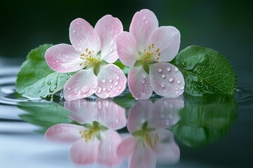 Fototapete - Delicate pink flowers with raindrops floating on calm water at sunrise in a serene natural setting