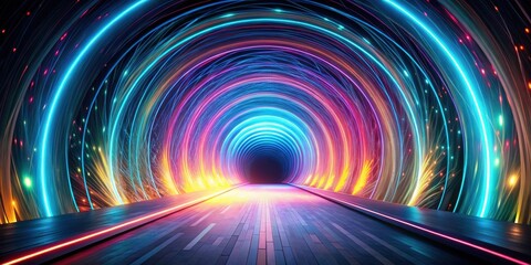 Poster - Abstract Neon Tunnel with Illuminated Pathway and Vibrant Swirls