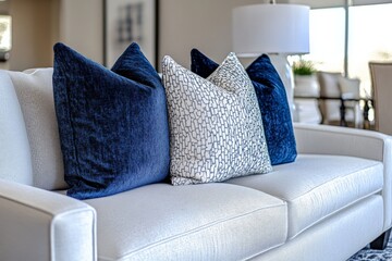 Aufkleber - Modern living room with stylish couch and decorative pillows in a bright, airy space