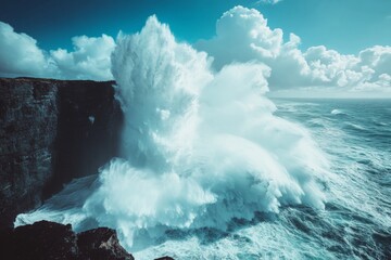 Aufkleber - Powerful ocean waves crash against rugged cliffs on a stormy day near a scenic coastline