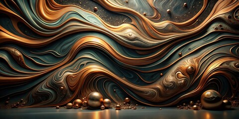 Poster - Abstract Swirling Metallic Texture with Gold Accents and Spheres