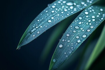 Poster - Close-up view of green leaves with droplets of water on a dark background after a rain shower in a garden