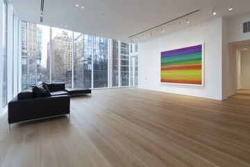 Aufkleber - A minimalist living room features a vibrant 3D painting, stylish furniture, and plenty of natural light from large windows