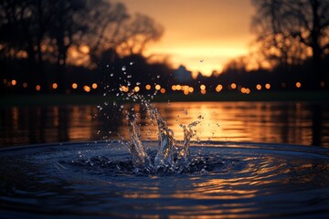 Aufkleber - Water splash in park pond reflecting sunset with warm colors and illuminated trees