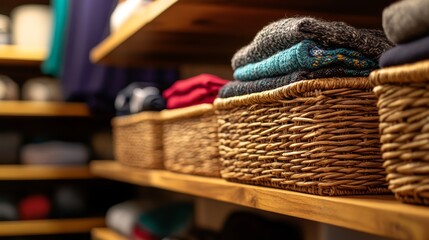 Fototapete - Warm natural light highlights a tidy closet featuring wooden shelves and wicker baskets neatly arranged with folded clothing, creating a cozy atmosphere