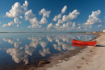 Aufkleber - Calm waters reflect vibrant clouds near a shore with a red canoe on a sunny day