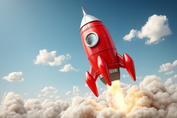 Aufkleber - Red rocket takes off into a blue sky filled with fluffy clouds during a bright afternoon