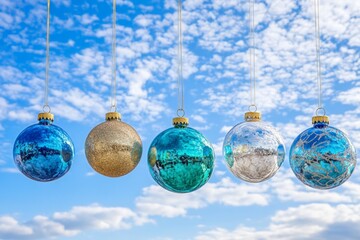 Poster - Colorful glass ornaments hanging against a bright blue sky with fluffy clouds during the festive season