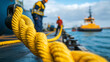 © Maksym - Marine hydraulic winch in action during ship unloading, yellow rope extends across the deck toward dockside, maritime crew coordinating operations in background