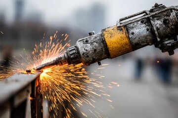 Aufkleber - Welding activity in an urban setting creates sparks and highlights skilled craftsmanship during a cloudy day