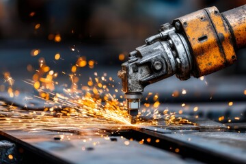 Poster - Welding equipment sparks fly during metal fabrication in an industrial workshop at dusk