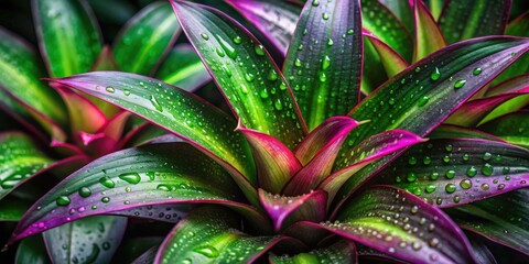 Fototapete - Vibrant Tropical Plant with Dew-Kissed Leaves in Lush Green and Purple Hues