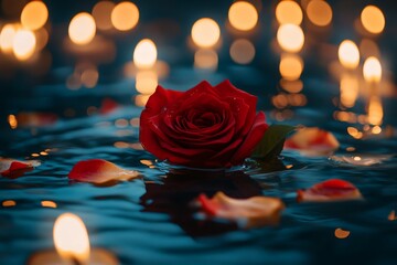 Aufkleber - Floating red rose in tranquil water surrounded by glowing candles at night