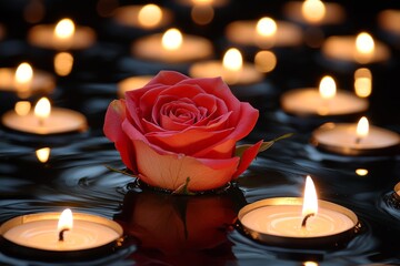 Poster - Floating rose surrounded by candles creates a serene atmosphere for reflection and tranquility