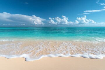 Aufkleber - Calm turquoise waters gently wash over a pristine sandy beach under a clear blue sky during midday