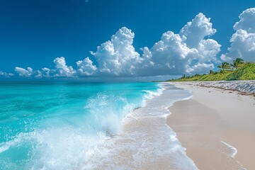 Aufkleber - Peaceful beach shoreline with turquoise waves and fluffy clouds under a clear sky