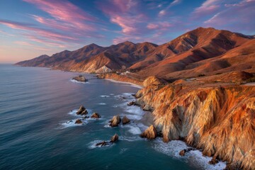 Aufkleber - Stunning coastal view with rugged cliffs and colorful sky at sunset along the Pacific coastline