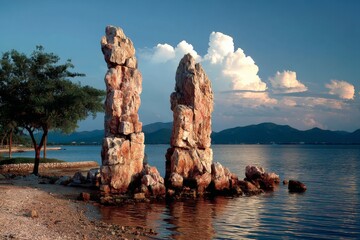 Aufkleber - Beautiful rock formations along a tranquil lakeshore during sunset with clouds and mountains in the background