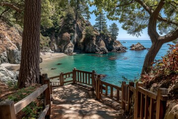 Aufkleber - Coastal pathway leads to serene turquoise cove surrounded by lush greenery in early afternoon light