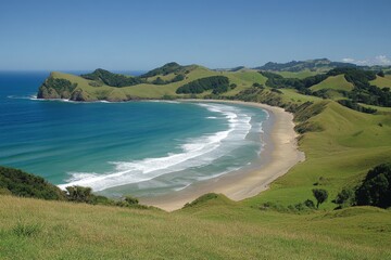 Aufkleber - Scenic coastline view of a beautiful beach with rolling hills during a sunny day