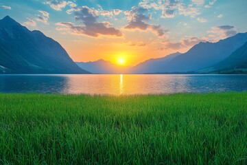 Aufkleber - Sunset reflects on still waters with mountains in the background near a lush green field