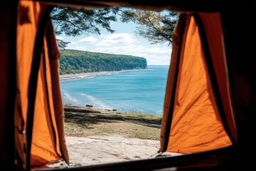 Aufkleber - Beautiful coastal view from a tent overlooking the serene waters and cliffs during a sunny day in a nature campsite