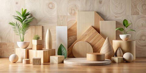 Poster - Geometric wooden shapes and potted plants on a wood surface