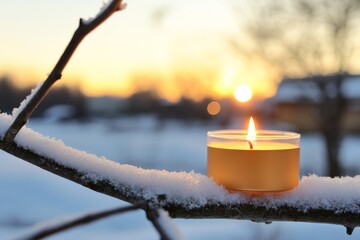 Aufkleber - A lit candle rests on a snowy tree branch, casting a warm glow that enhances the tranquil beauty of a winter evening at sunset